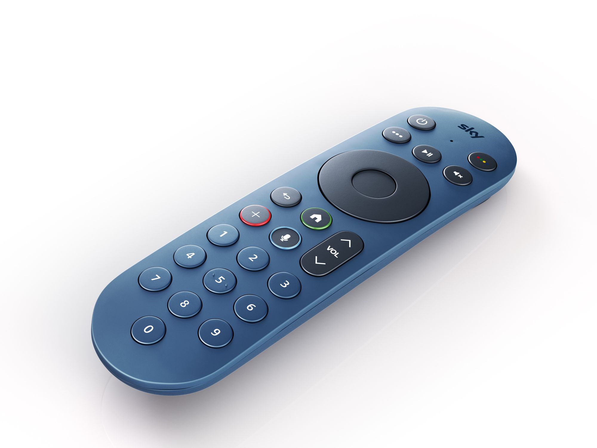 Sky remote control in blue pictured on a white surface