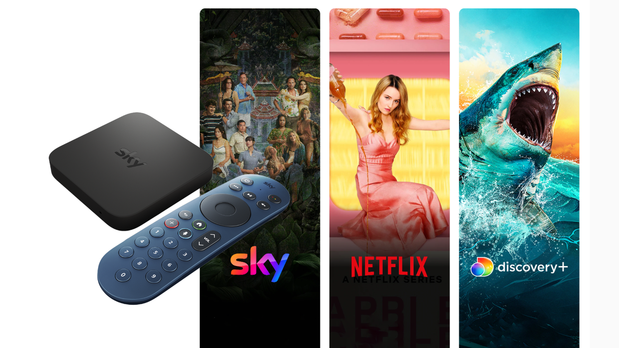 Sky Stream box and remote control with examples of shows available on sky tv