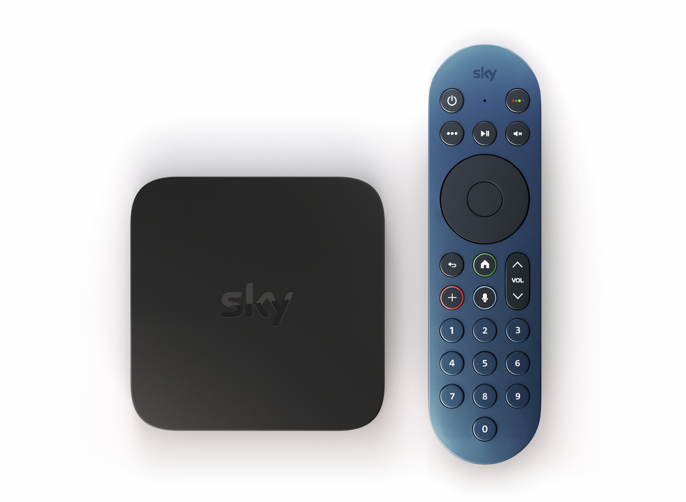 sky stream box in black pictured side by side with a blue sky tv remote
