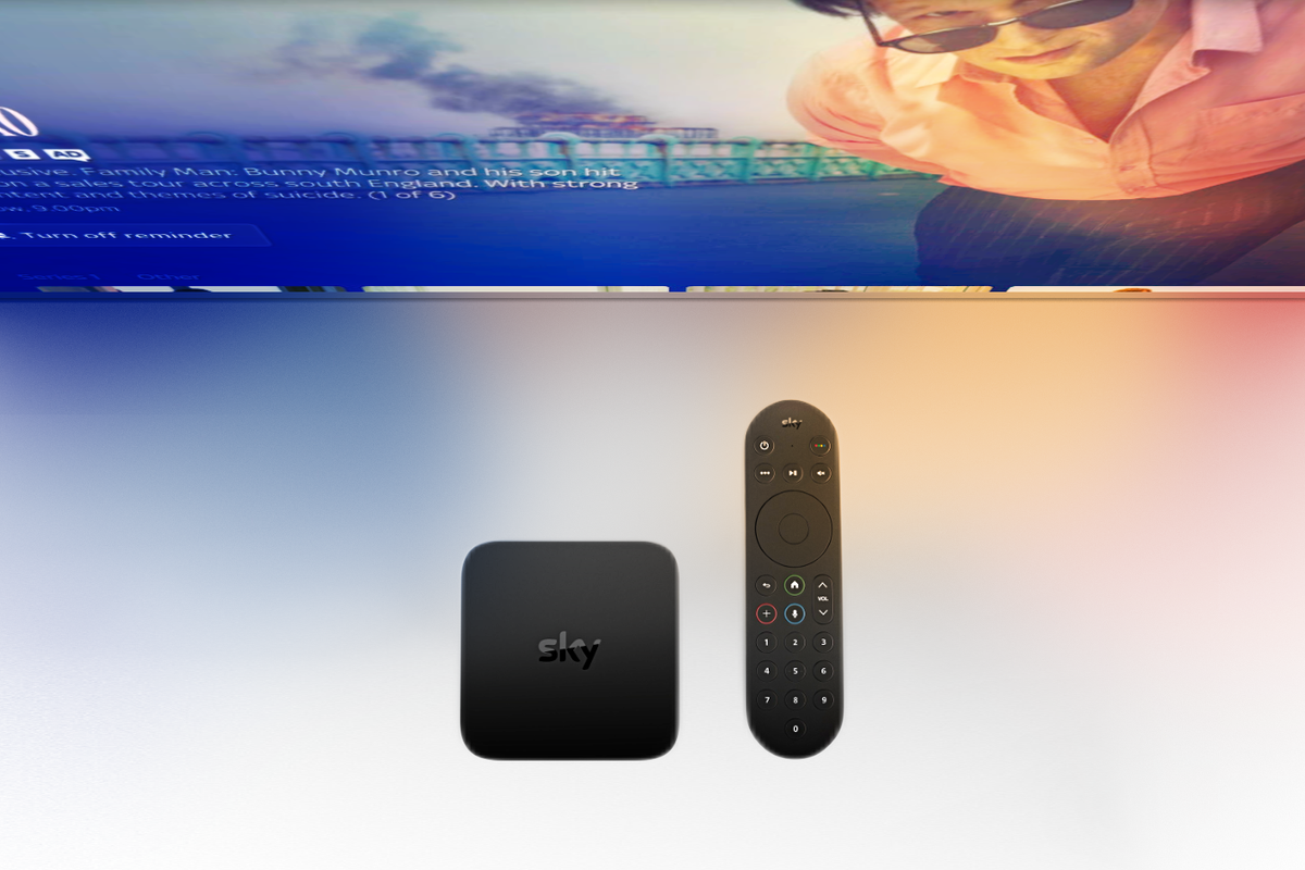 Sky Stream box pictured in front of a television running SkyOS