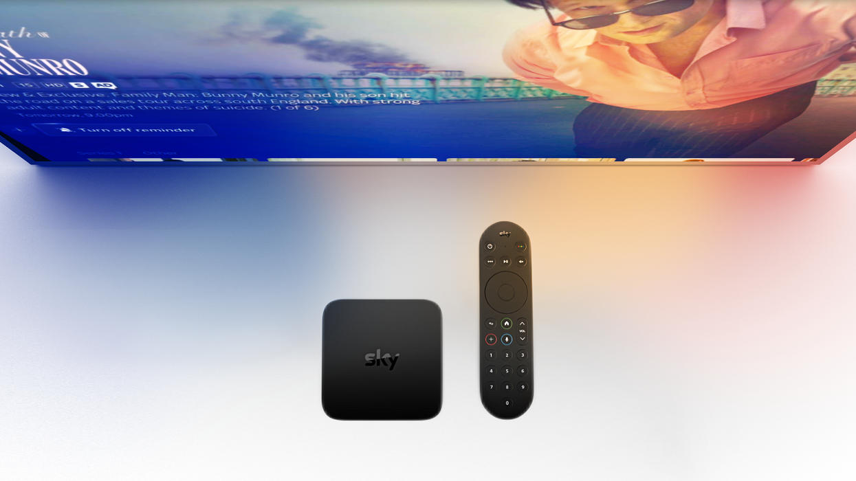 Sky Stream box pictured in front of a television running SkyOS