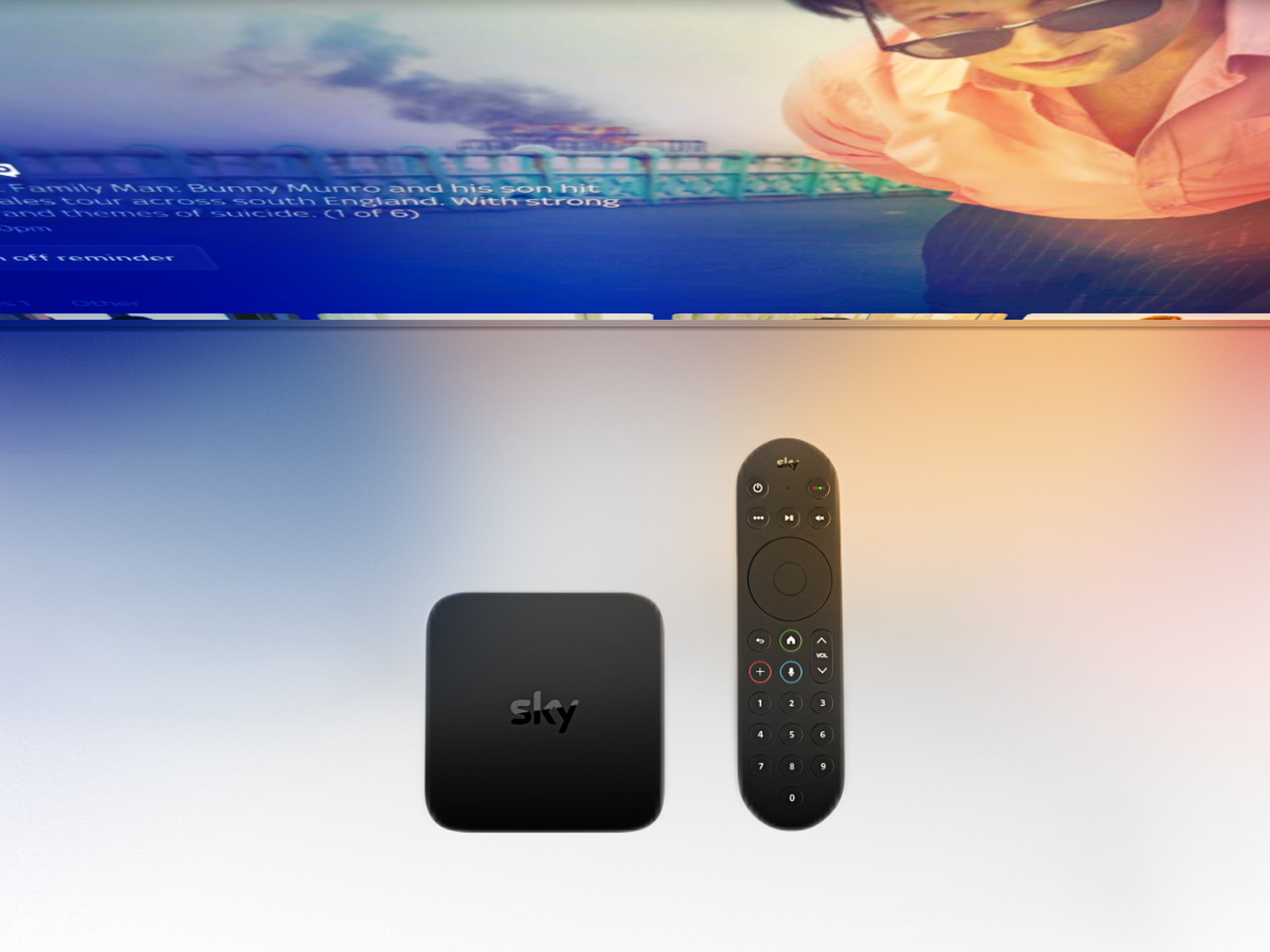 Sky Stream box pictured in front of a television running SkyOS