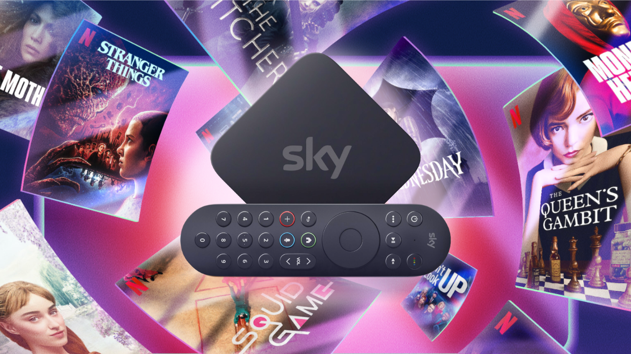 Sky Stream box pictured with its remote at the centre of posters for Netflix TV shows