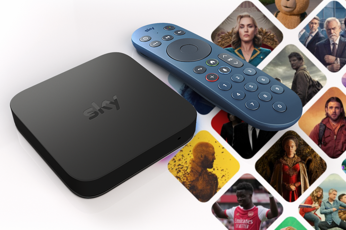sky stream box pictured with tiles with artwork for a number of exclusive sky atlantic and sky sports shows 