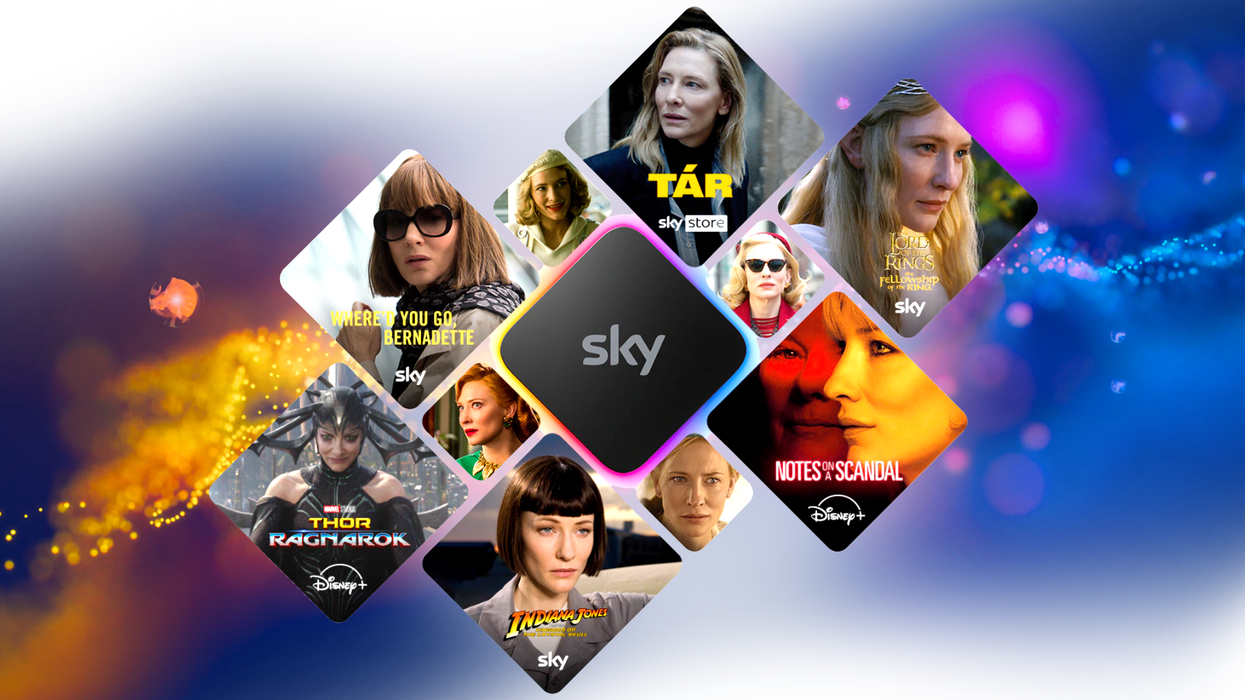 sky stream box surrounded with example shows on the platform with a colourful background