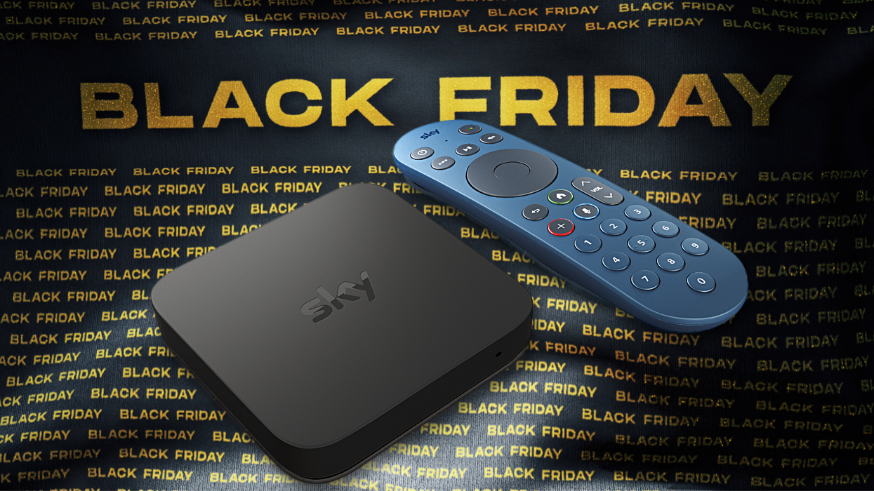 sky stream box with a blue remote control on a black friday banner