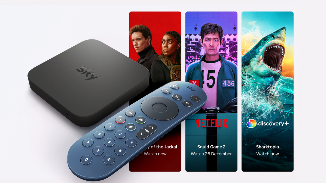 sky stream box with a blue remote control pictured with previews of some of the shows available in the tv essentials package