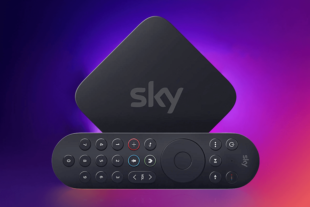 Sky Stream box with remote pictured lying on its side with a colourful background