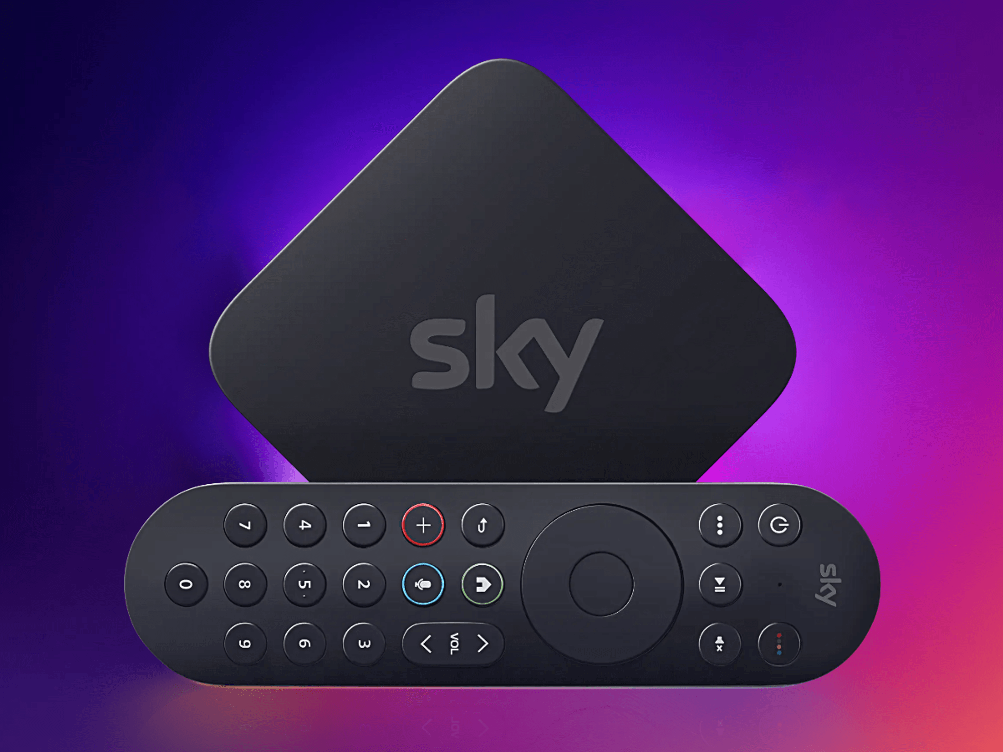 Sky Stream box with remote pictured lying on its side with a colourful background