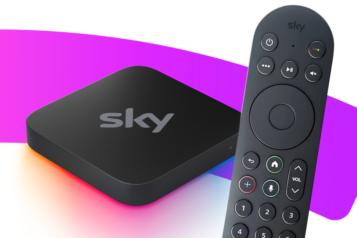 sky stream box with the redesigned sky remote control next to it pictured on a colourful background