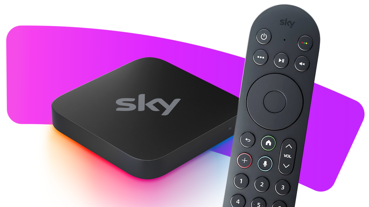 sky stream box with the redesigned sky remote control next to it pictured on a colourful background