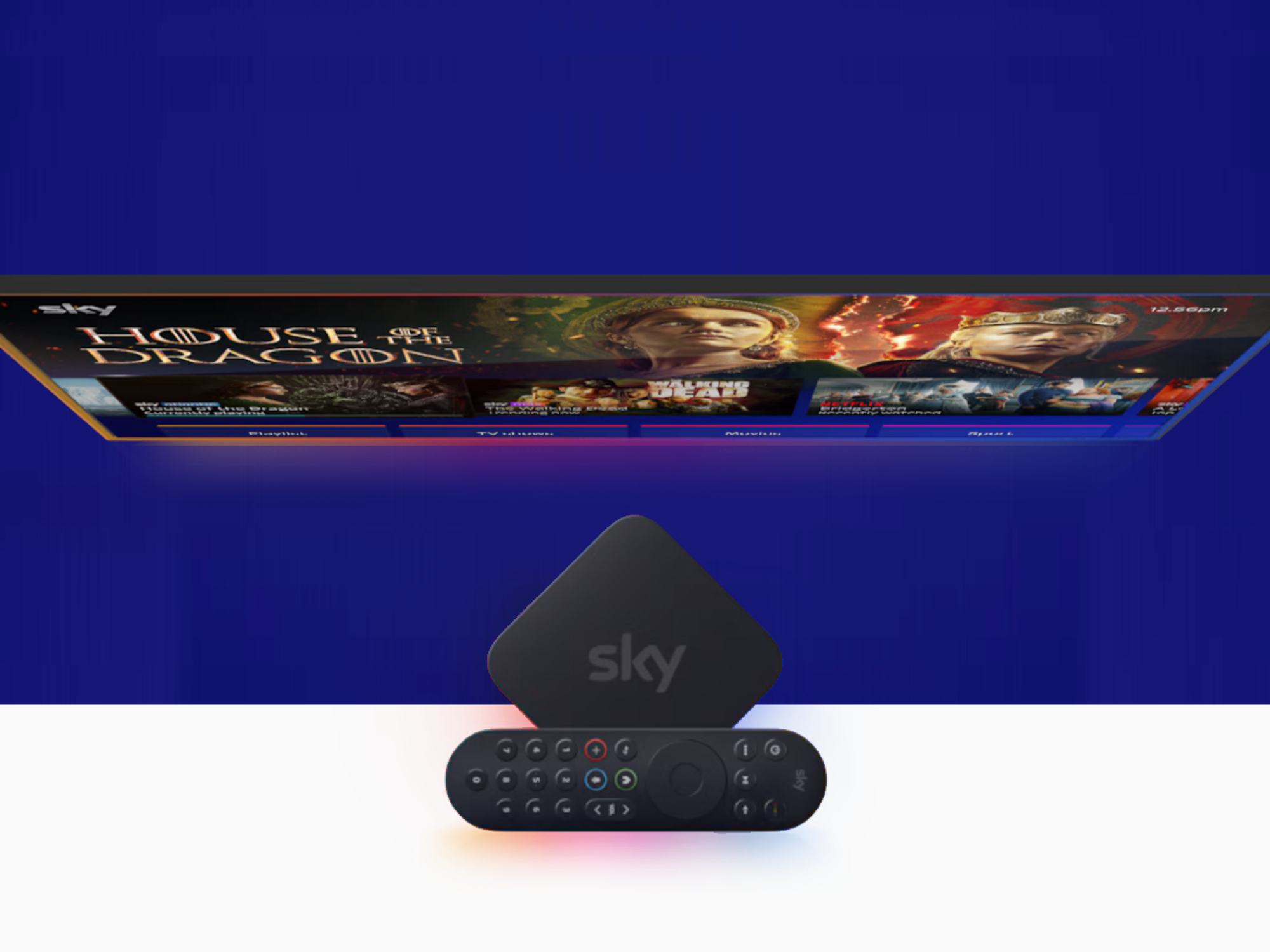 Sky Stream box with the remote placed across it, with SkyOS showing on a flatscreen television