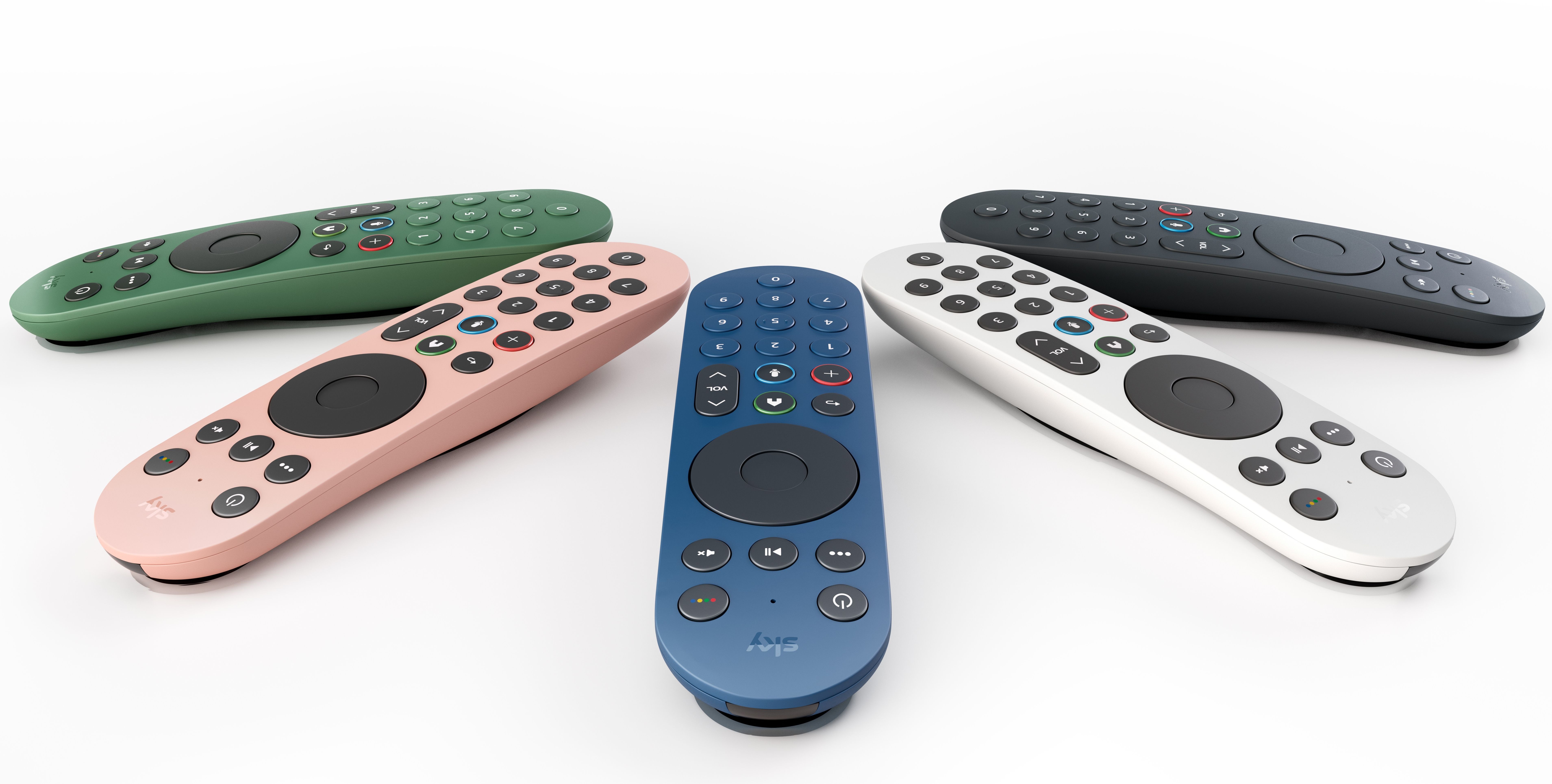 sky stream remote control in a circle in all five colours options, Ocean Blue, Racing Green, Dusky Pink, Ceramic White, and Anthracite Black