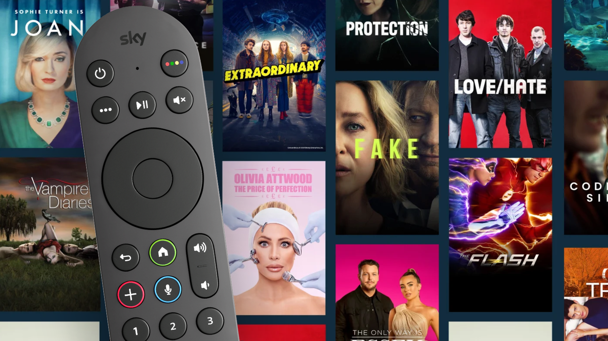 sky stream remote control with list of ITV shows in the background