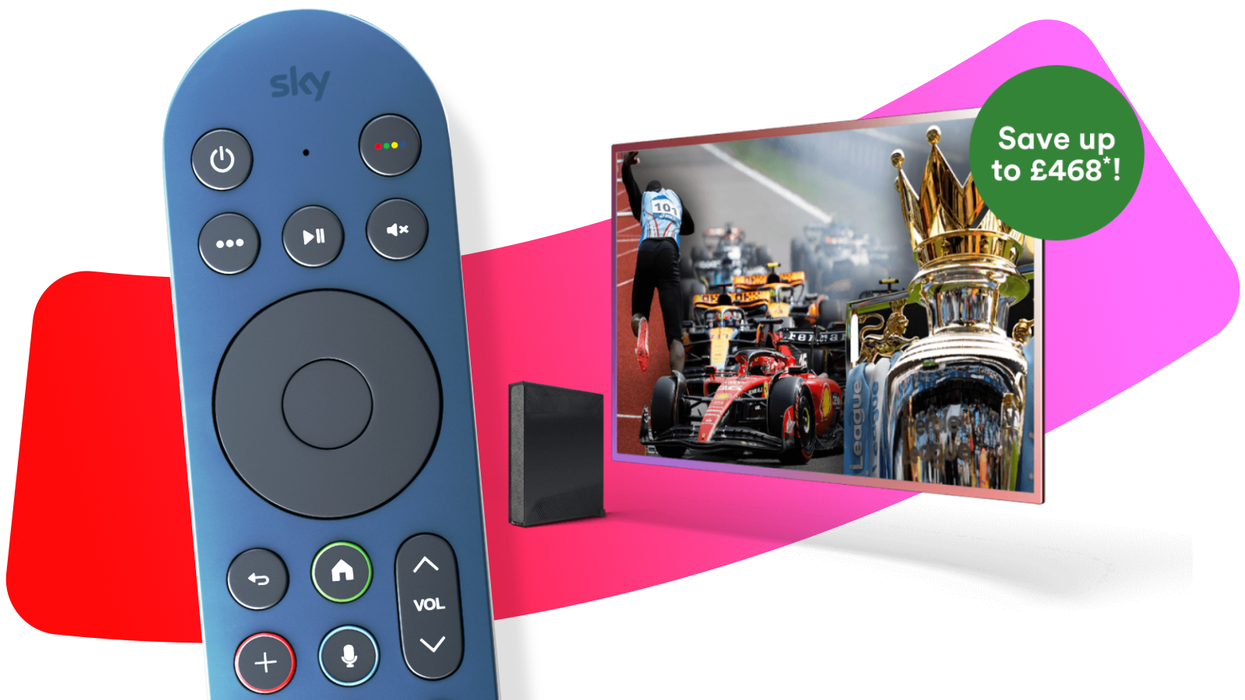 sky stream remote pictured on the left with an imagine of the virgin media offer on the right
