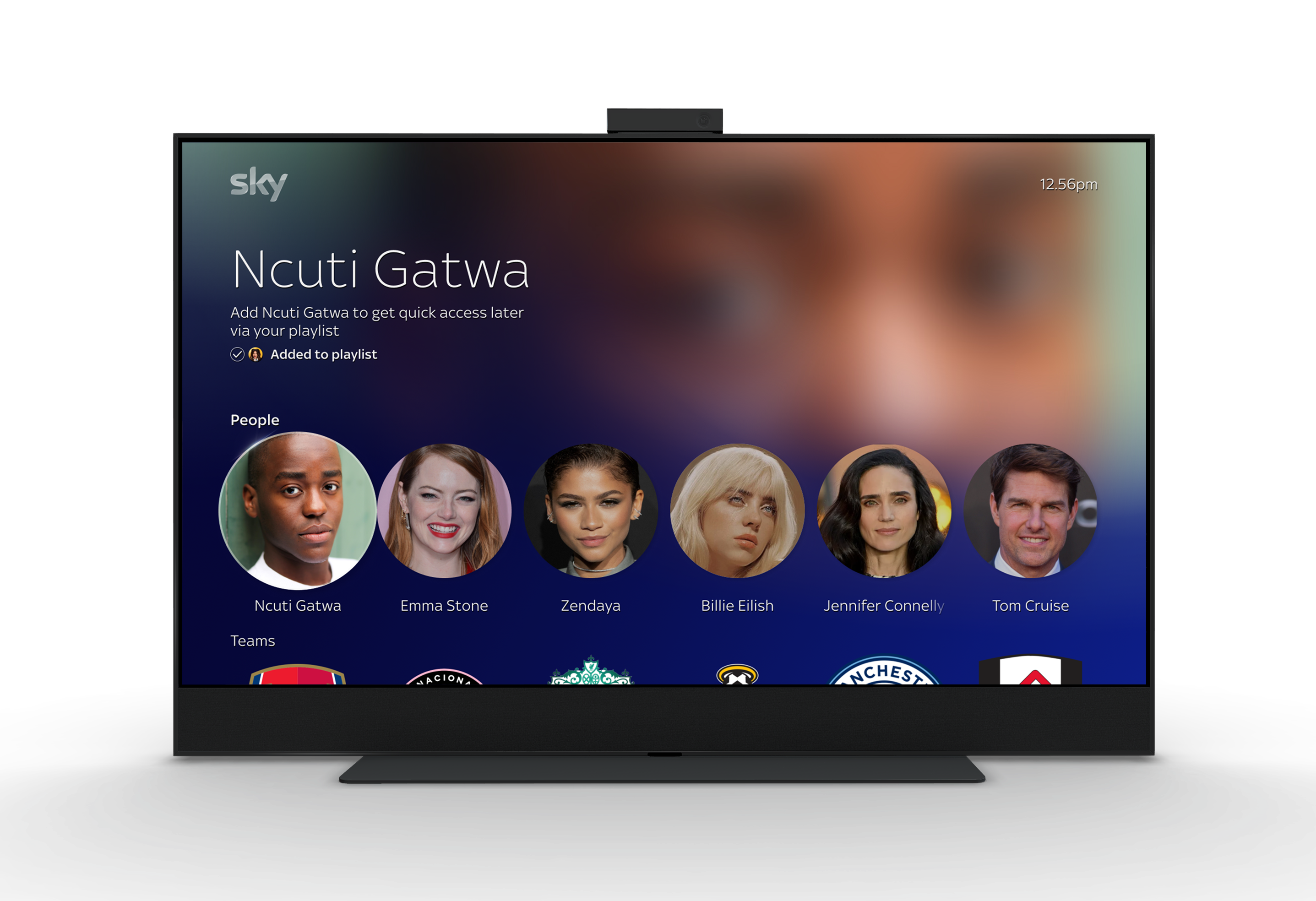 Sky TV entertainmentOS menu with people and sports teams listed to follow specific actors, directors, and writers