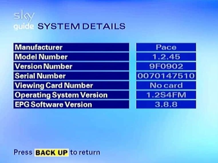 sky tv menu with the model number of the hardward