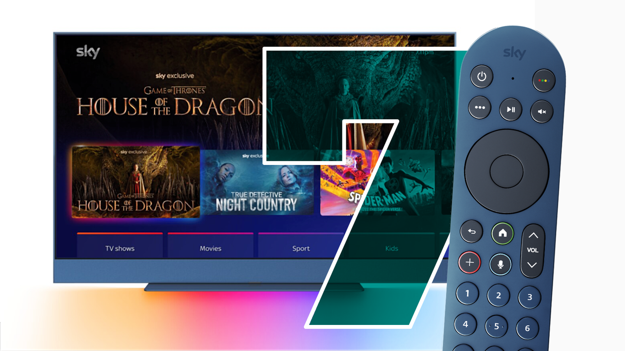 Sky TV remote in Blue with a Sky Glass showing original Sky TV shows like House of the Dragon, True Detection, and Spider-Man in the EntertainmentOS menu on-screen