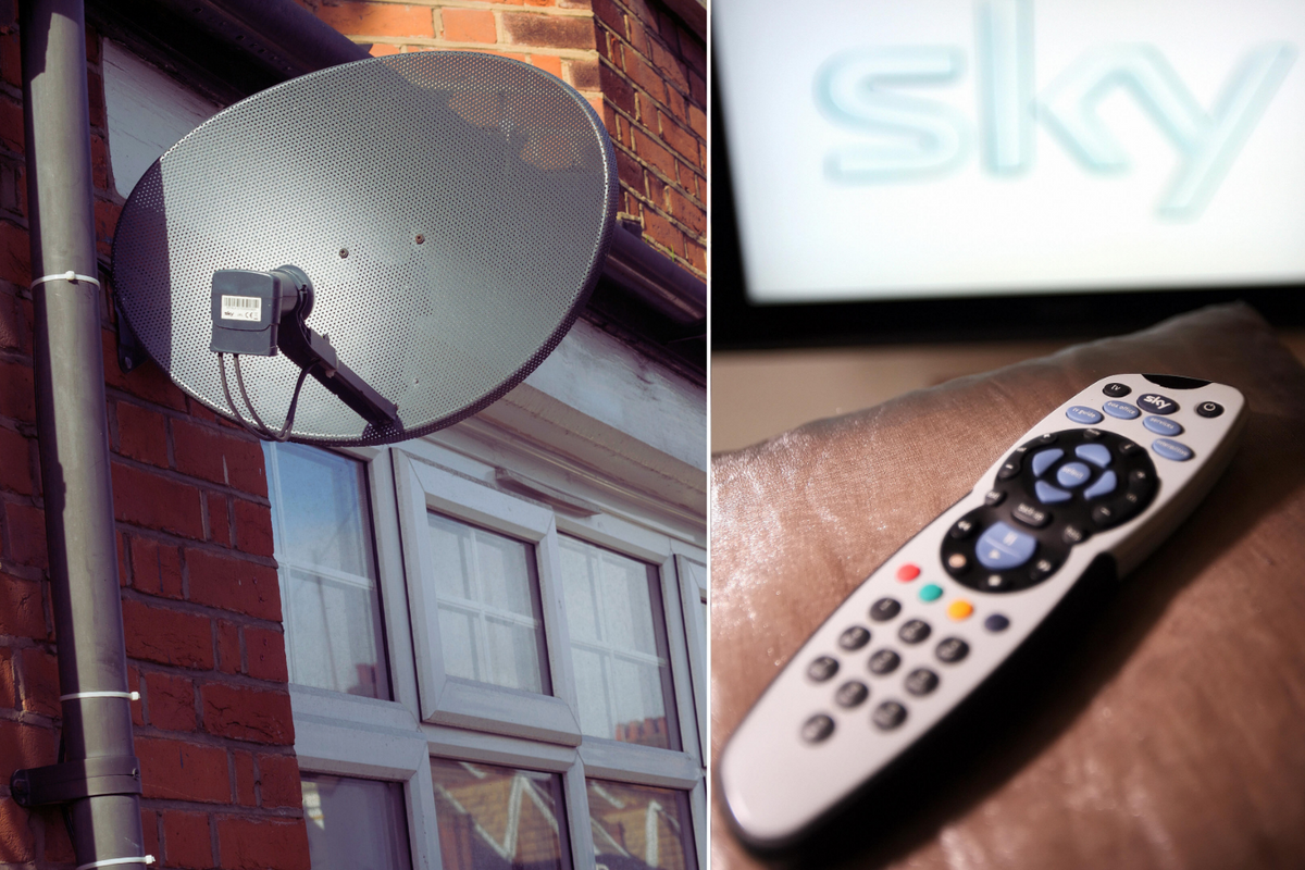 sky tv satellite dishes pictured on the outside of houses with an inset image of a sky+ hd remote 