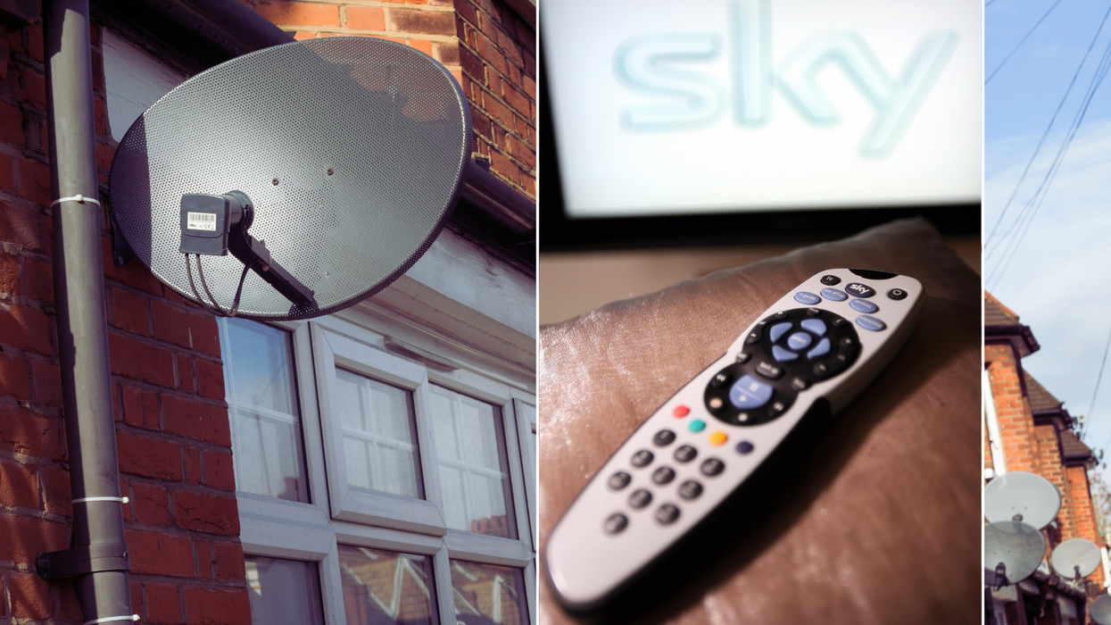 sky tv satellite dishes pictured on the outside of houses with an inset image of a sky+ hd remote