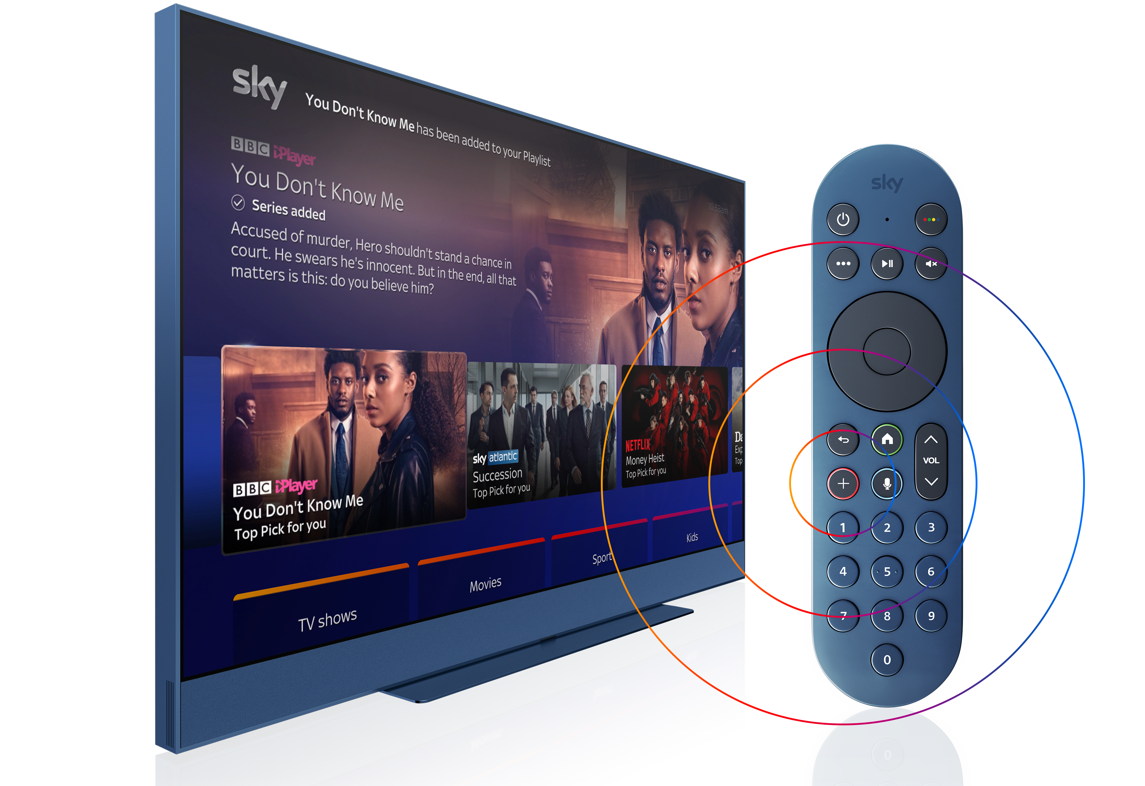 sky tv shown with playlist feature on-screen and a remote control with the + button