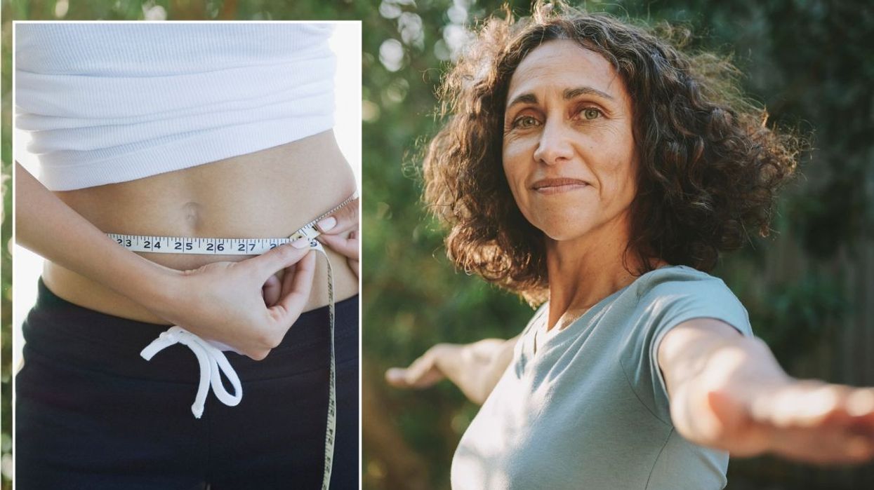 Slim woman measuring waist / Mature woman doing yoga