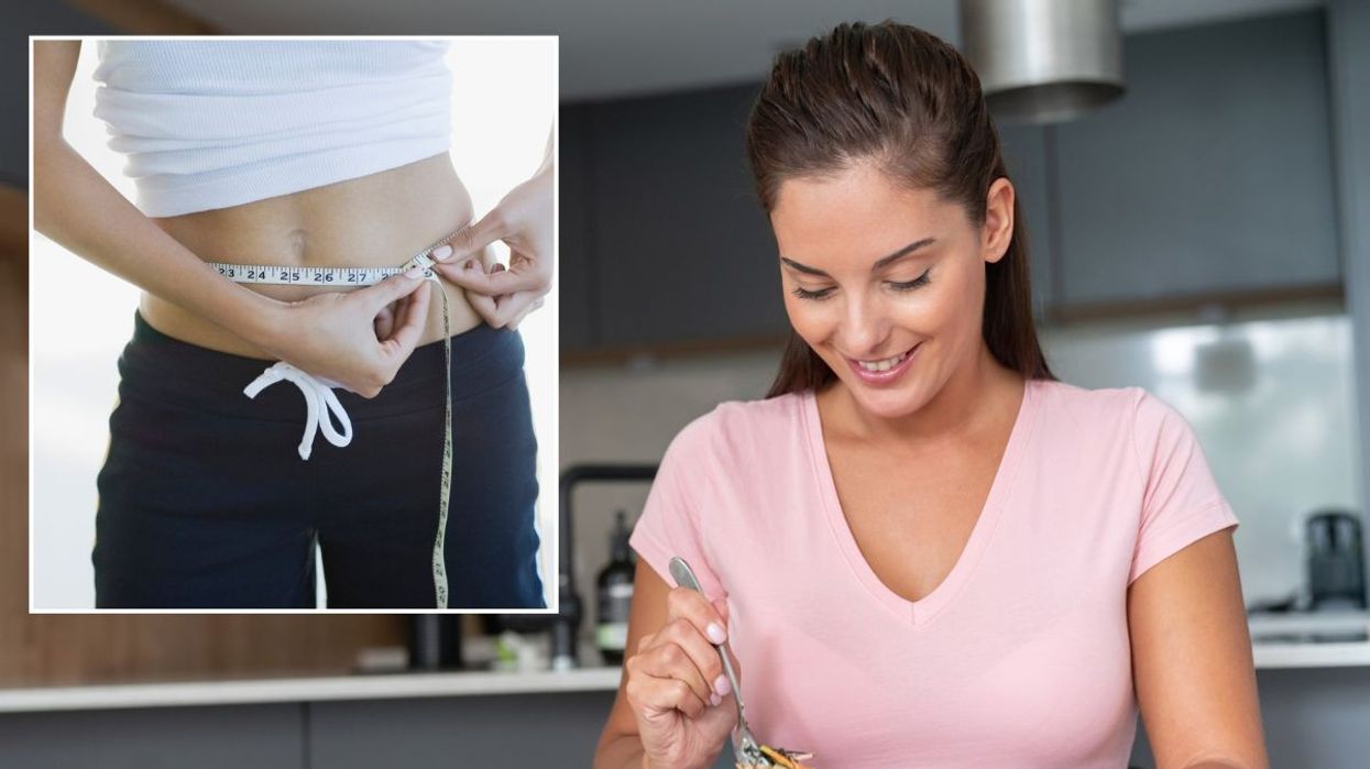 Slim woman measuring waist / Woman eating salad