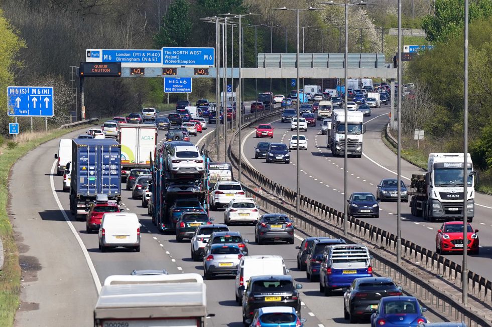 Slow moving traffic on the M5 near West Bromwich, West Midlands, during the Easter getaway. Picture date: Friday April 15, 2022.