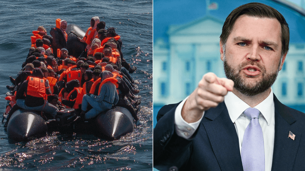 Small boat crossing (left), JD Vance (right)