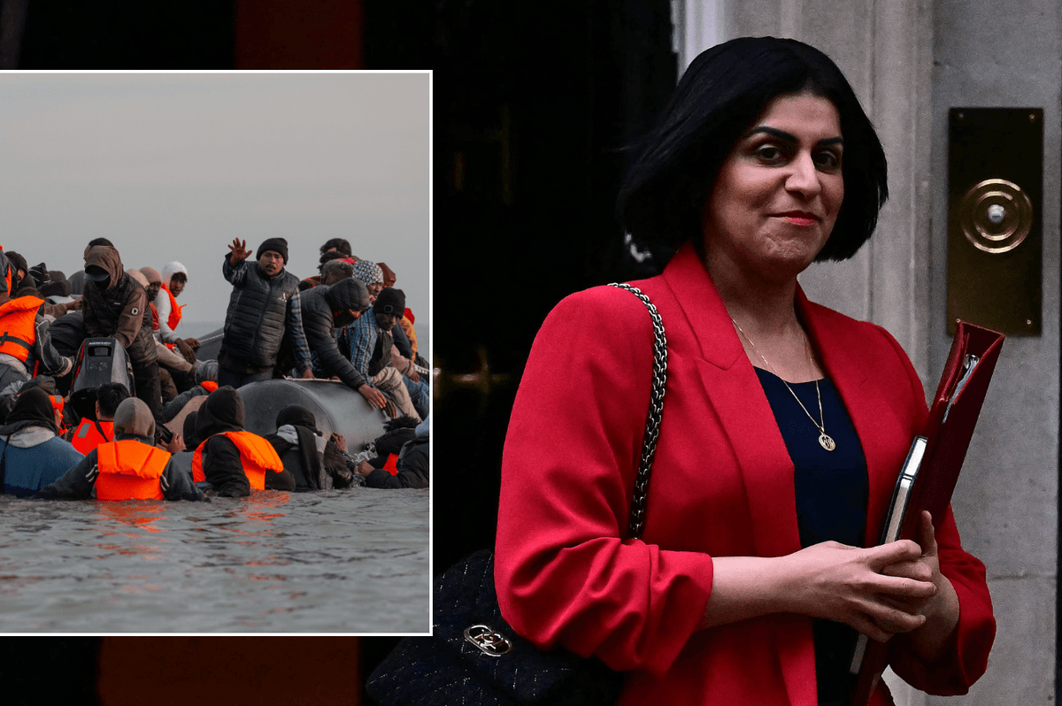 Small boat migrants aboard a dinghy at sea; Shabana Mahmood on Downing St