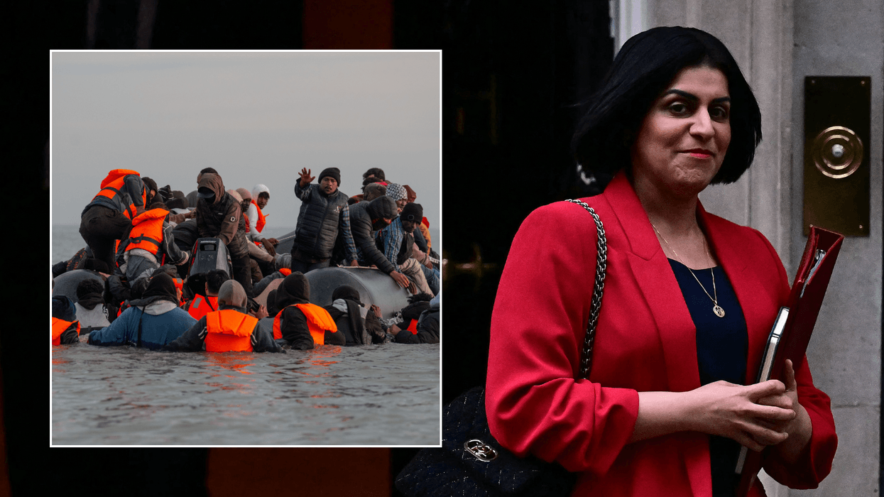Small boat migrants aboard a dinghy at sea; Shabana Mahmood on Downing St