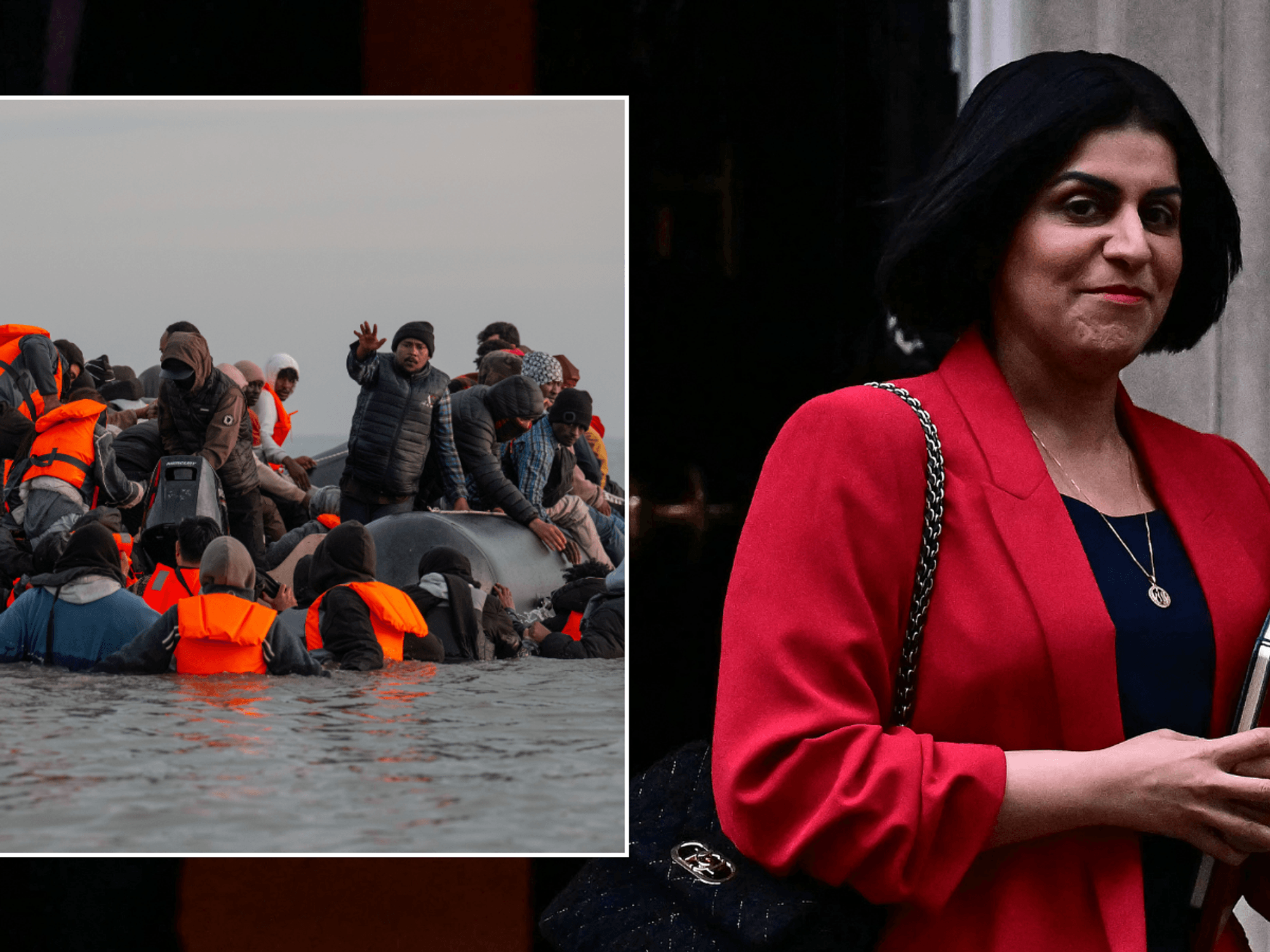 Small boat migrants aboard a dinghy at sea; Shabana Mahmood on Downing St