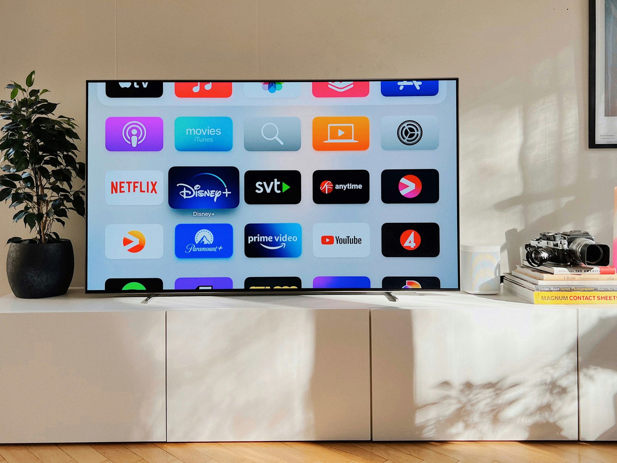Smart TV flatscreen pictured on a media unit