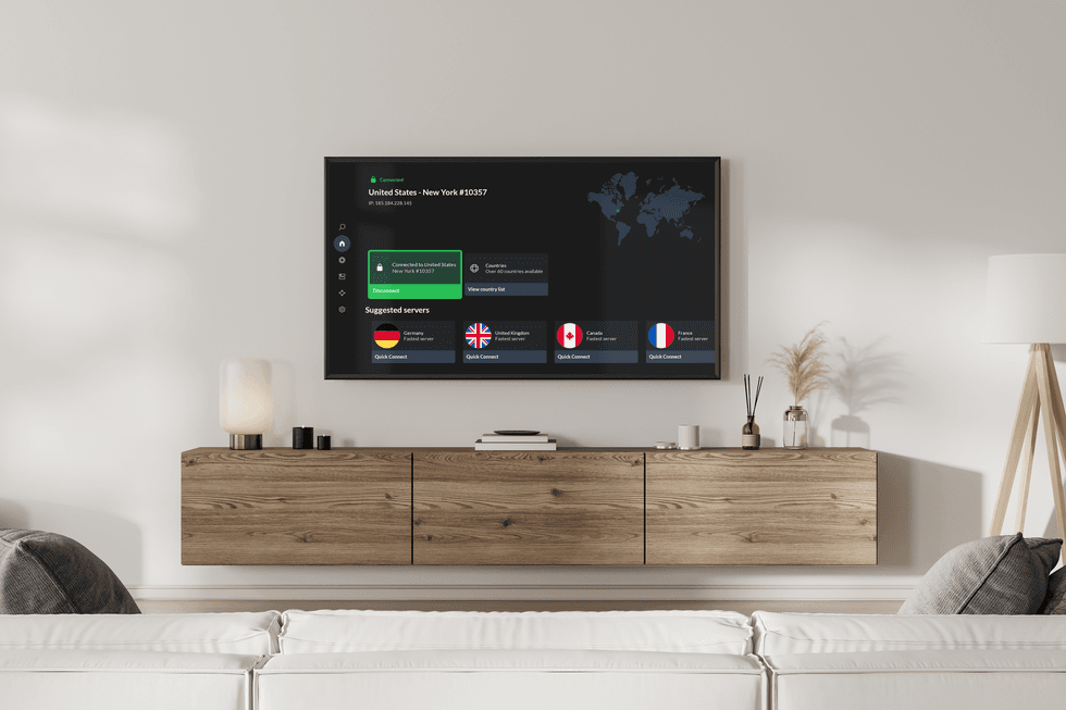 Smart TV wall-mounted with the NordVPN app running on-screen