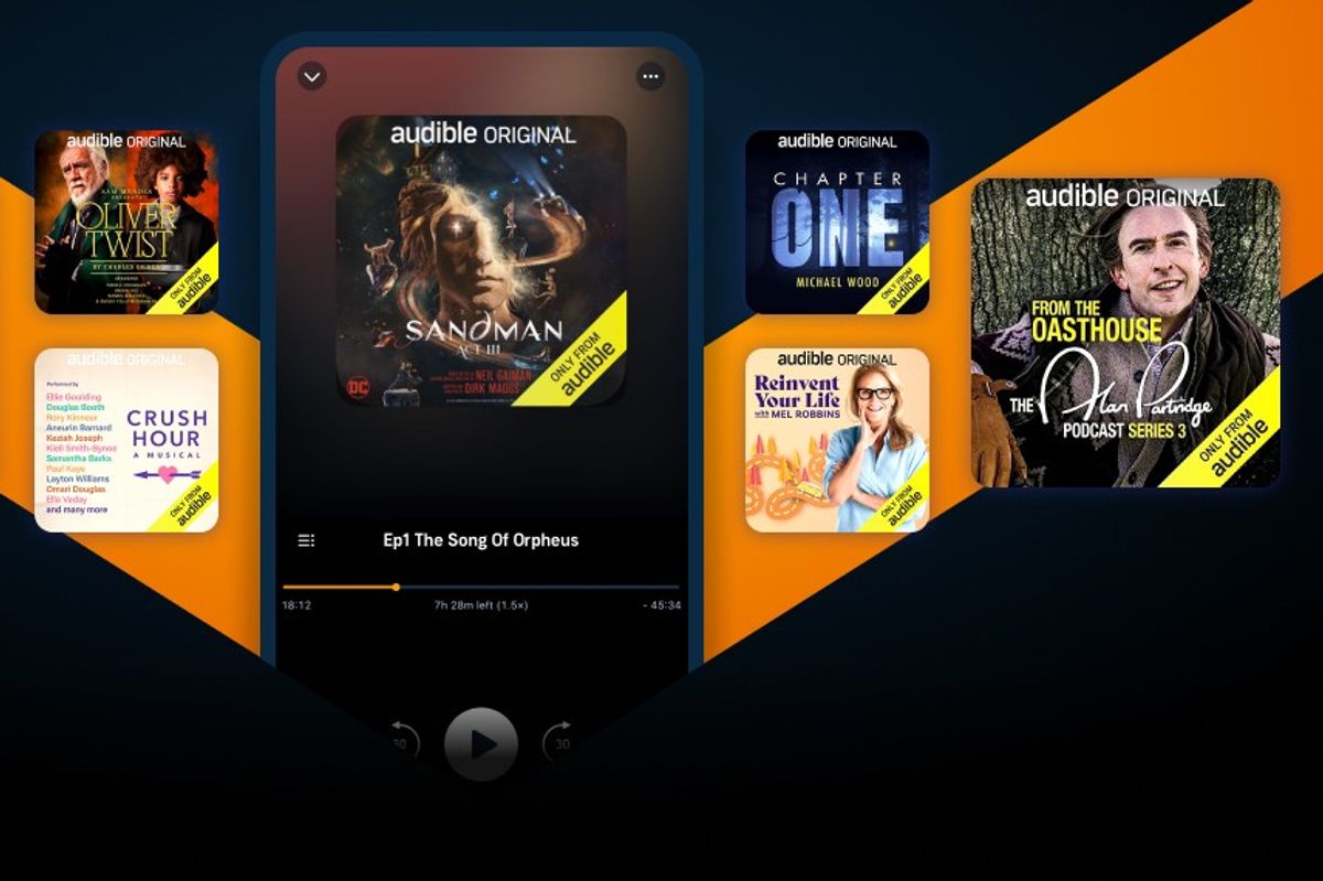 smartphone pictured with the audible app running on screen with preview artwork of other audible books and shows 