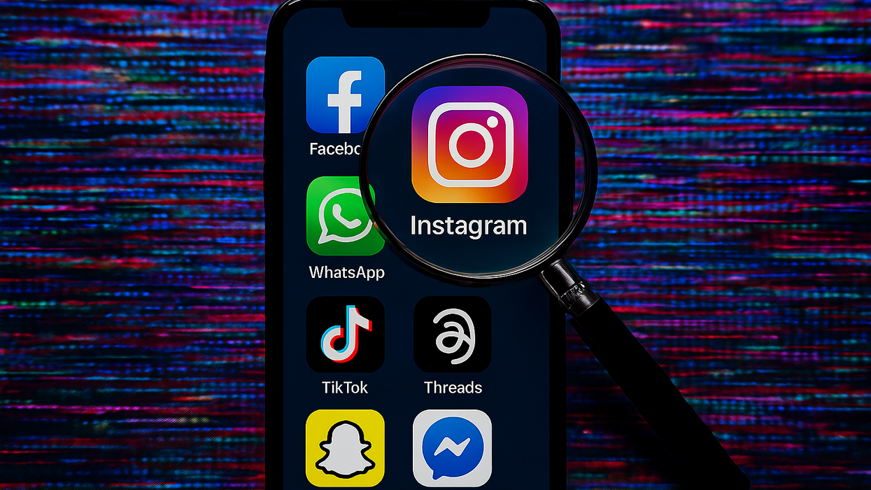 Smartphone with social media app icons displayed with magnifying glass