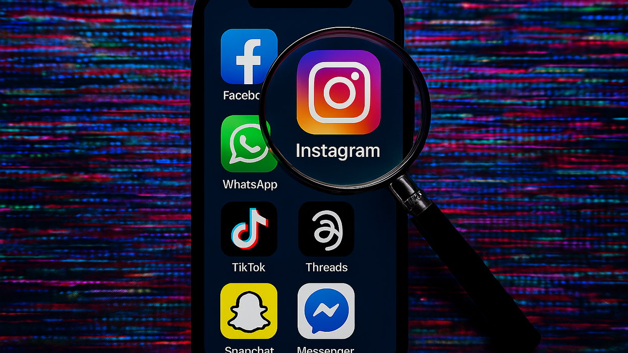 Smartphone with social media app icons displayed with magnifying glass
