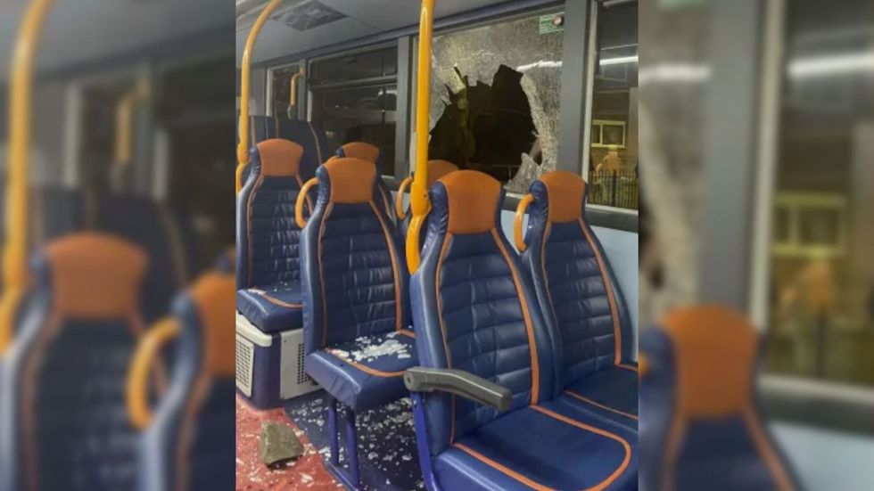 Smashed window on a bus