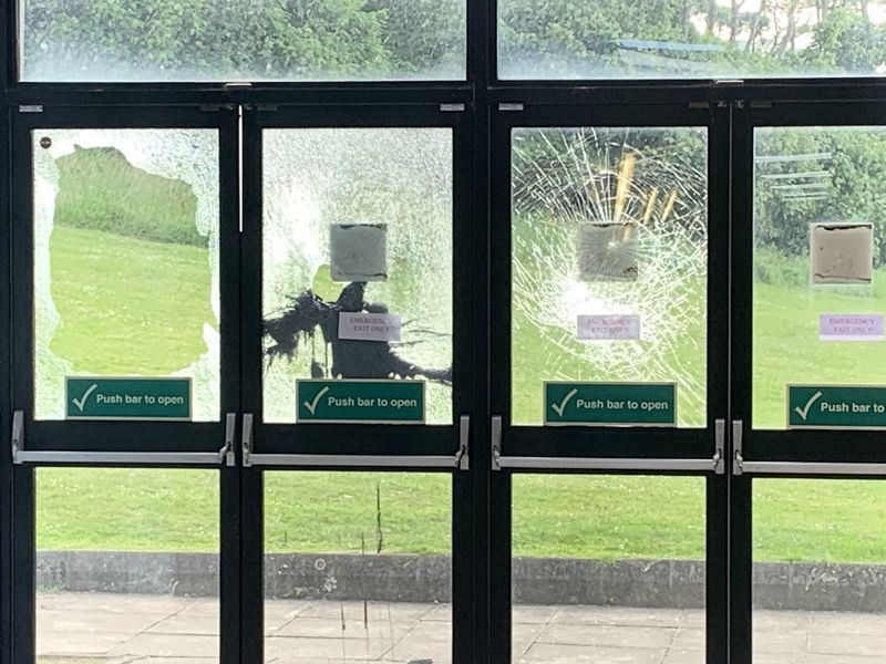 Smashed windows at Larne Leisure Centre