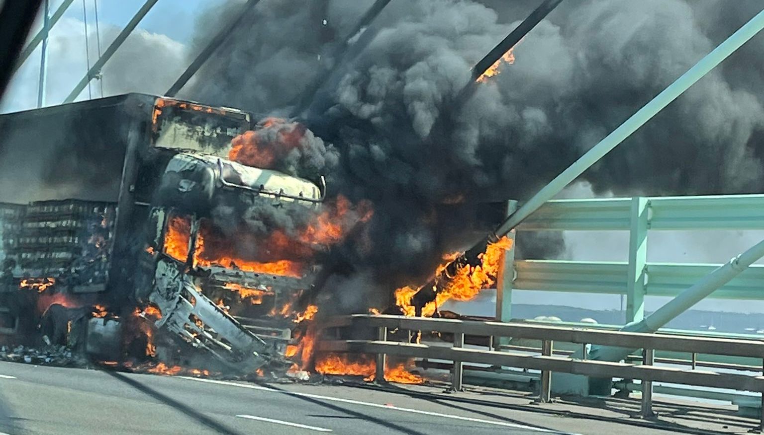 Smoke billowed out from the lorry