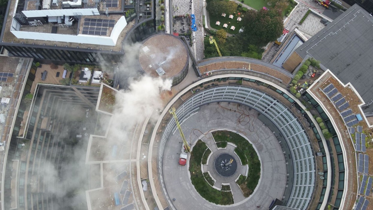 Smoke can be seen rising out of the building