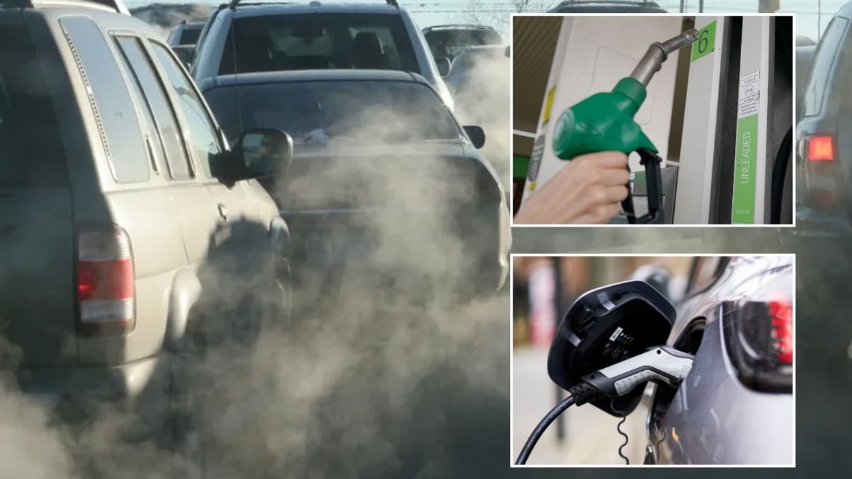 Smoke-filled traffic, petrol pump and EV charger
