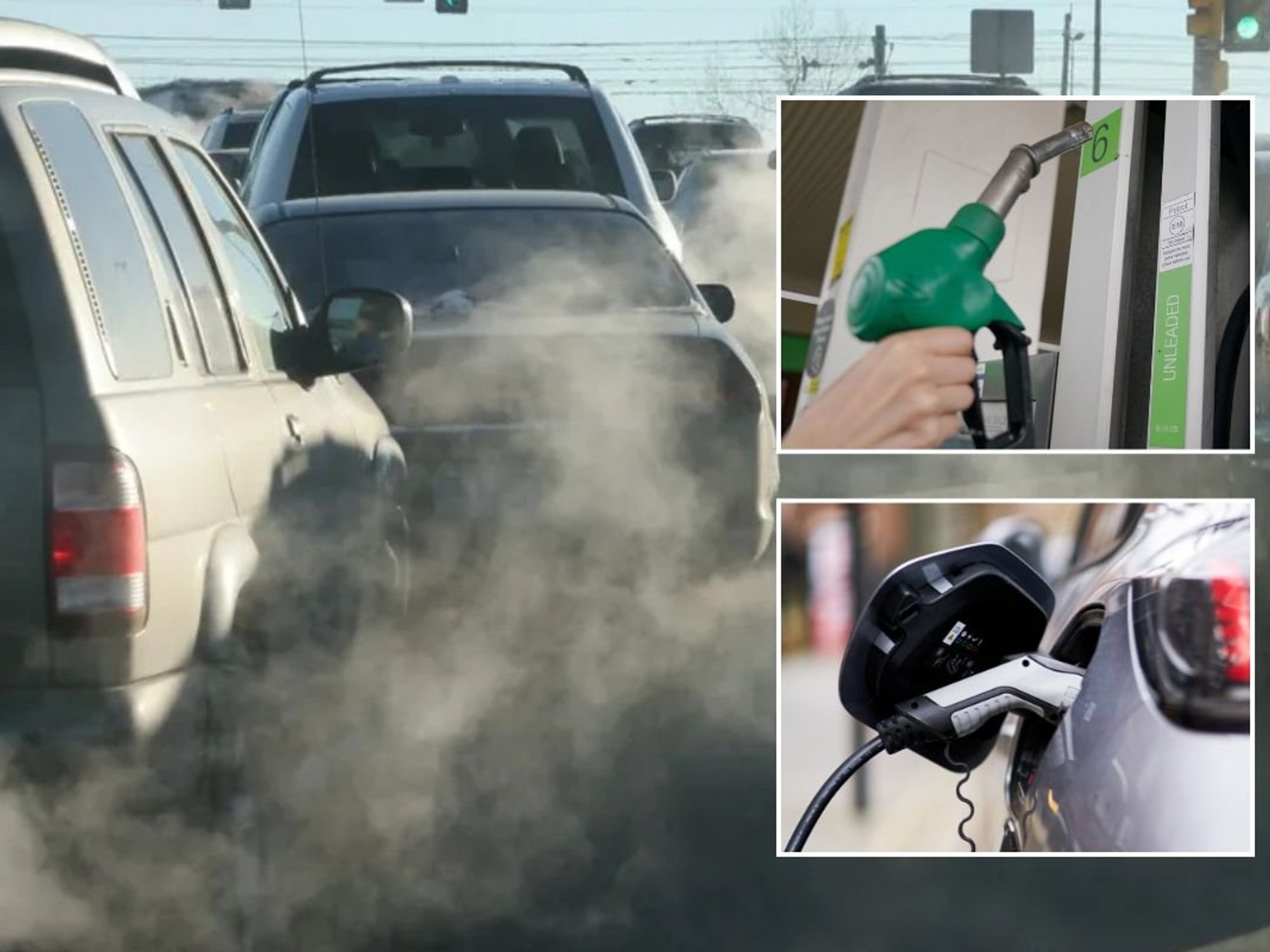 Smoke-filled traffic, petrol pump and EV charger