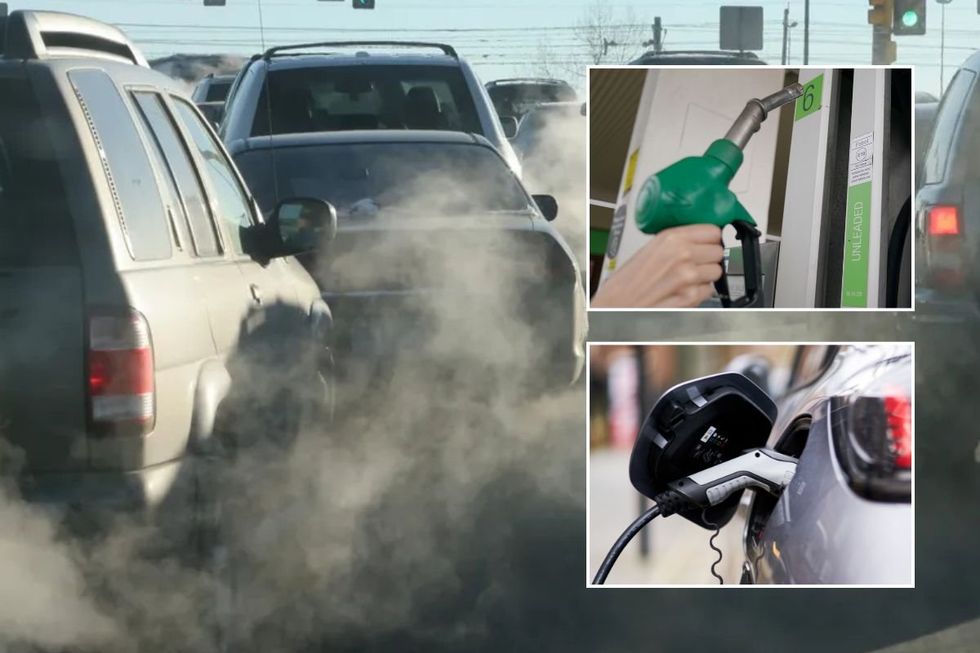 Smoke-filled traffic, petrol pump and EV charger