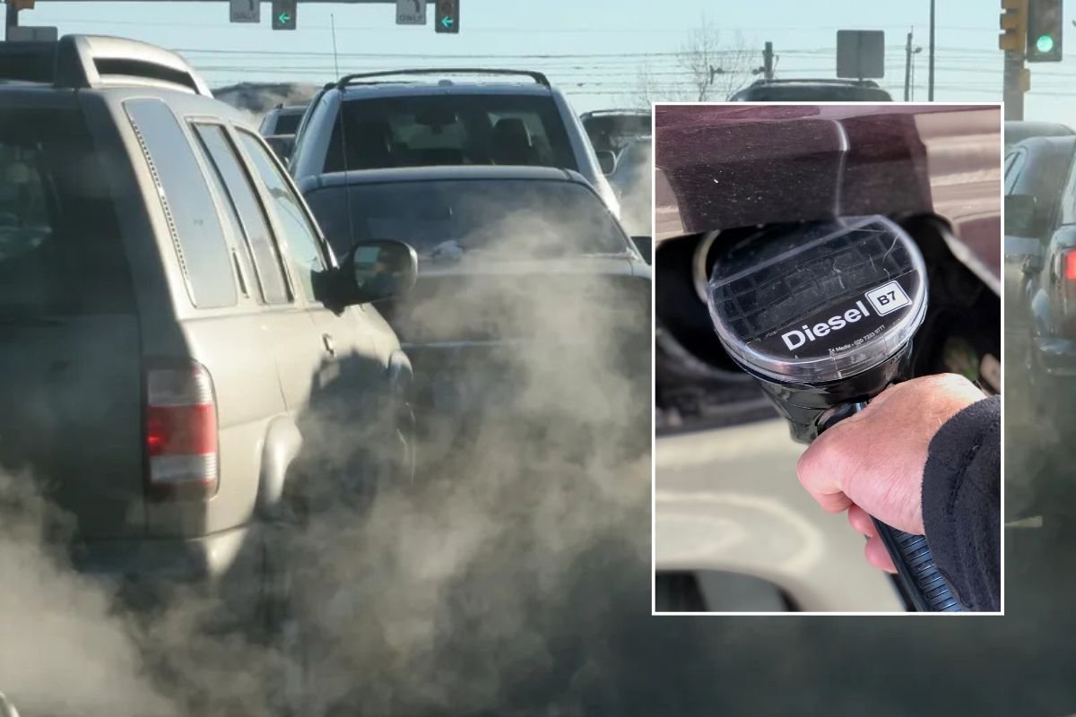 Smoke from car exhausts and a diesel pump