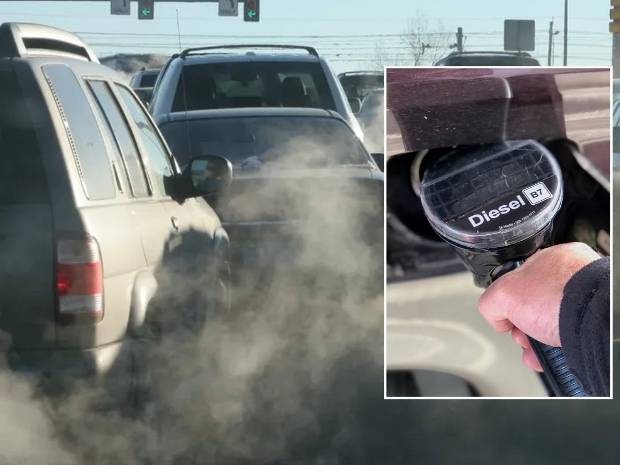 Smoke from car exhausts and a diesel pump