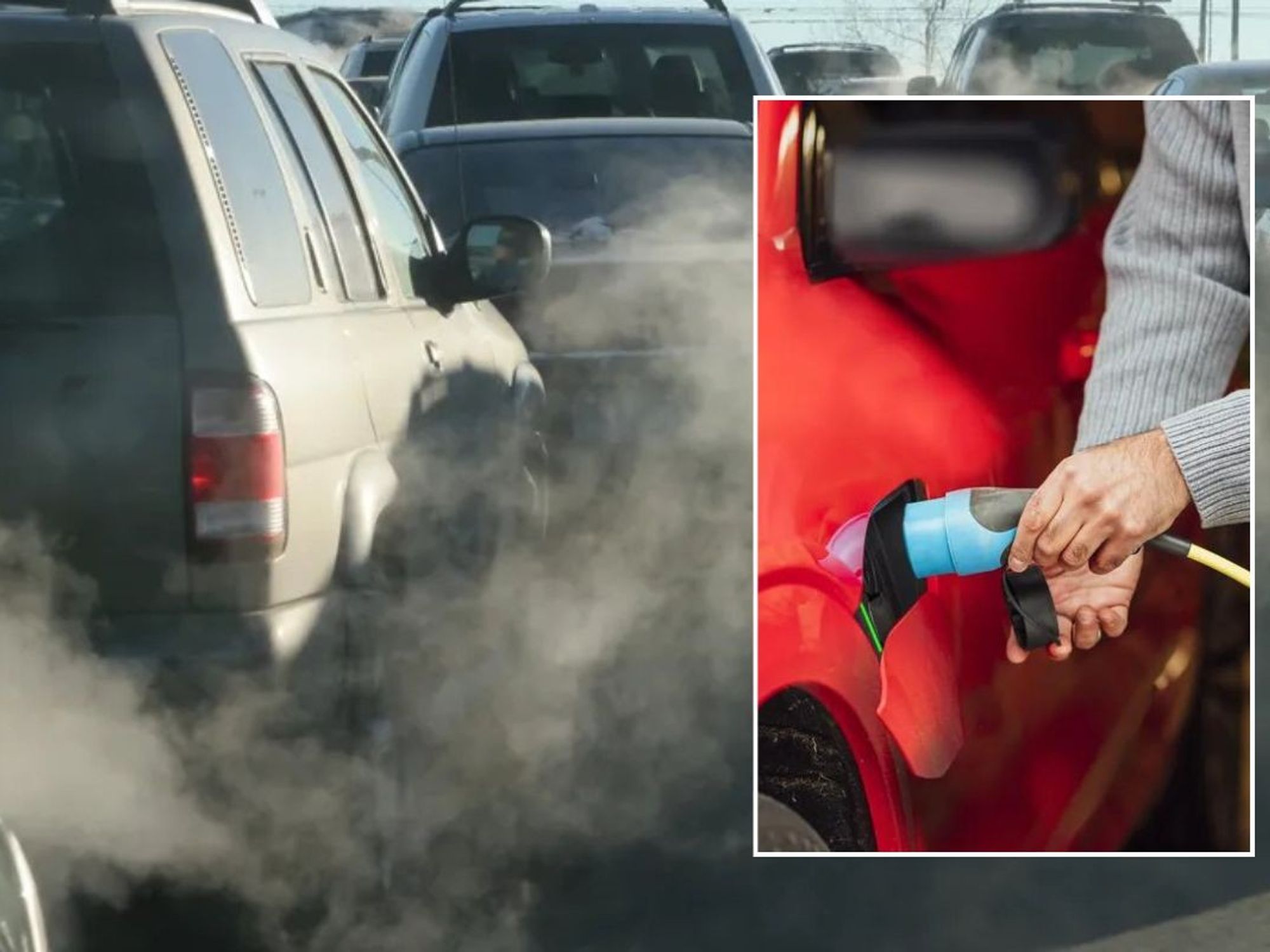 Smoke from vehicle exhausts and a man charging an electric car