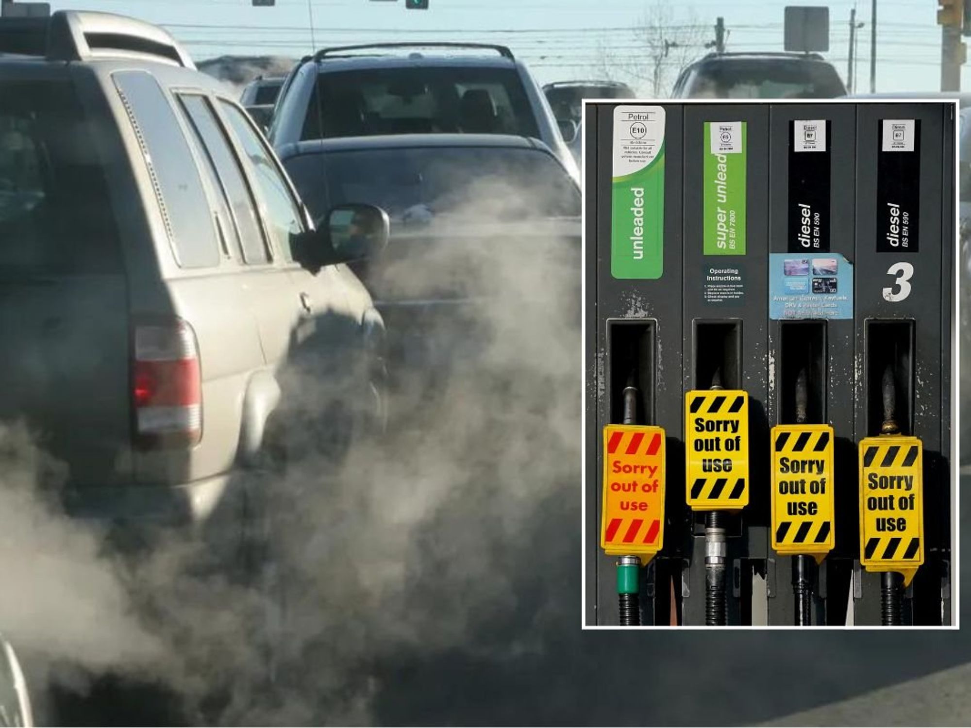Smoke from vehicle exhausts and out of order petrol and diesel pumps