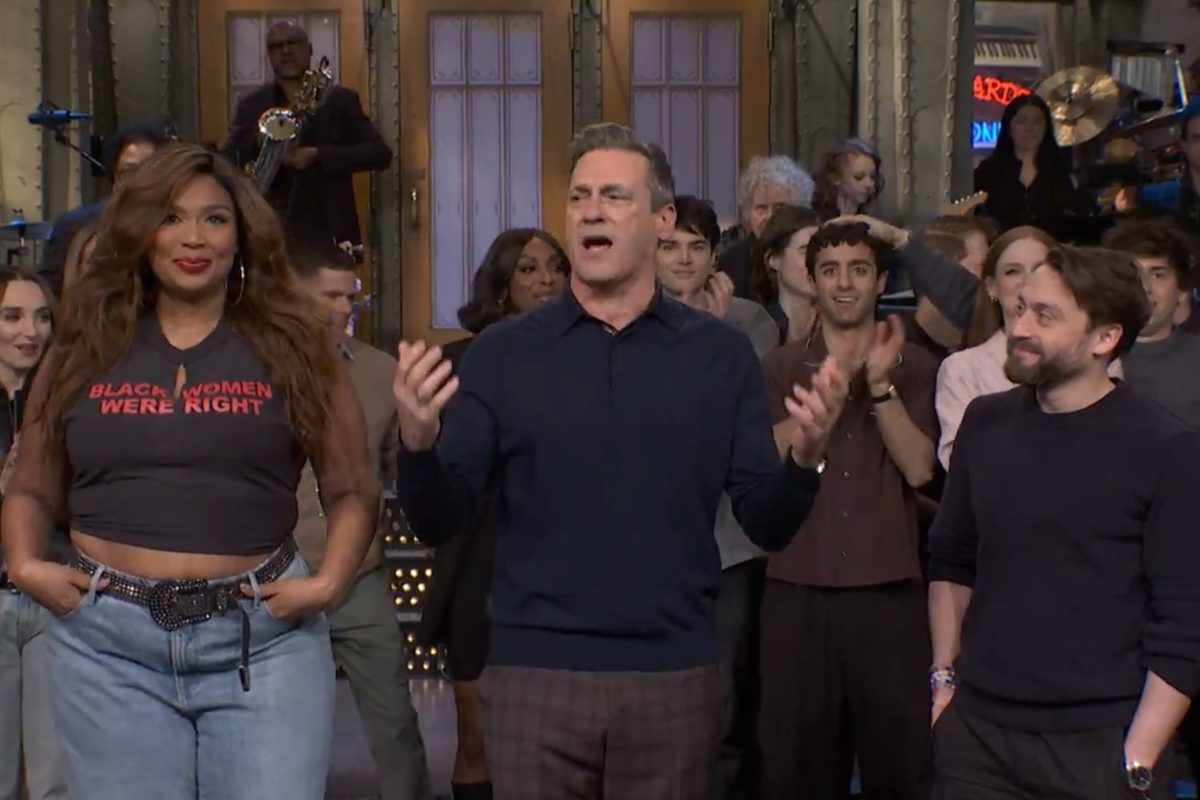 SNL: Lizzo (left) alongside John Hamm (middle) and Kieran Culkin (right)
