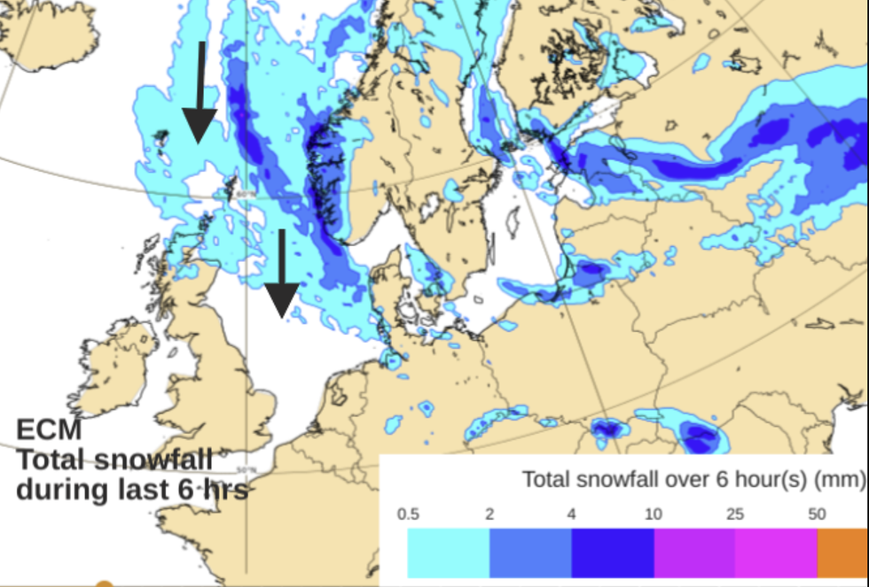 Snow coming down towards the UK